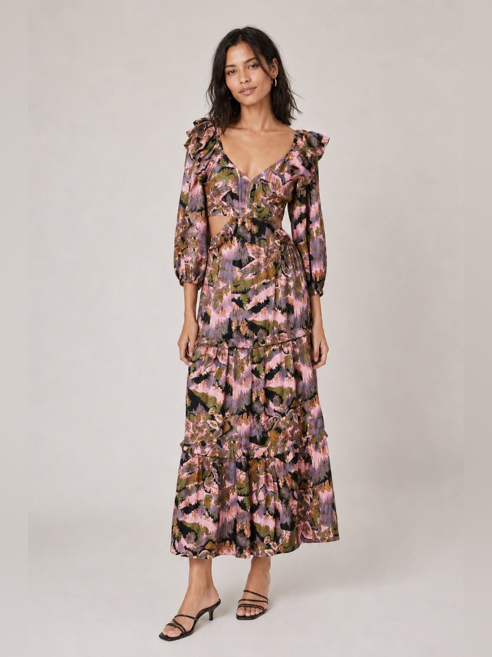 Cleobella Paris Ankle Dress XS Tapestry Print Romantic Cutout Ruffle Maxi. XS